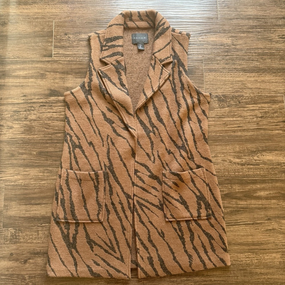 Tahari Wool Blend Longline Vest Tiger Print Sleeveless Brown Black Women's Large